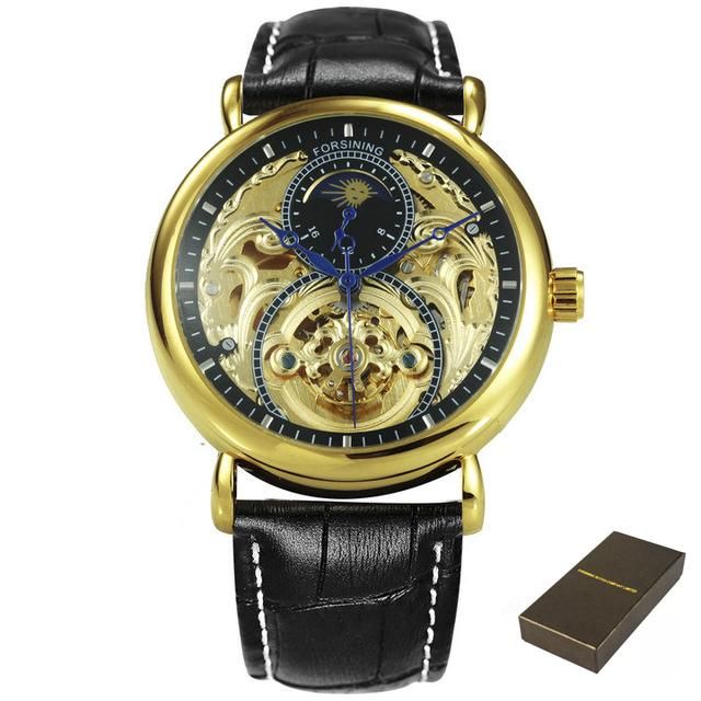 FORSINING top brand luxury hollow automatic mechanical watch men's leather strap sun and moon display fashion watch. Men's gift