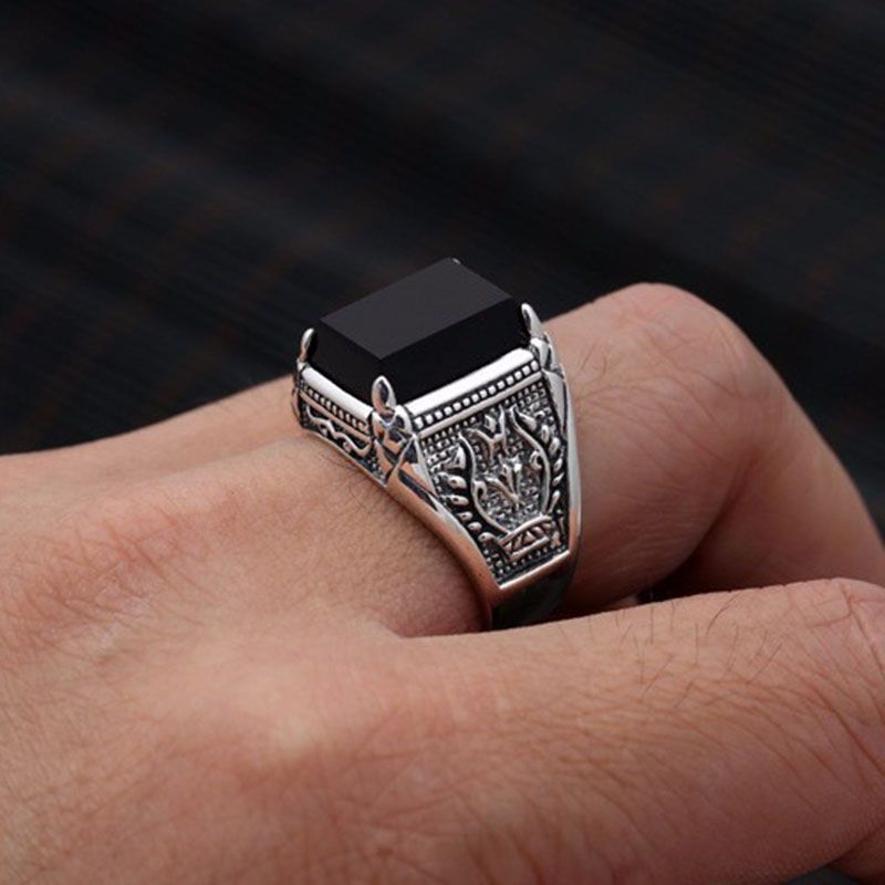 Stainless Steel Black Natural Stone Mens Finger Ring