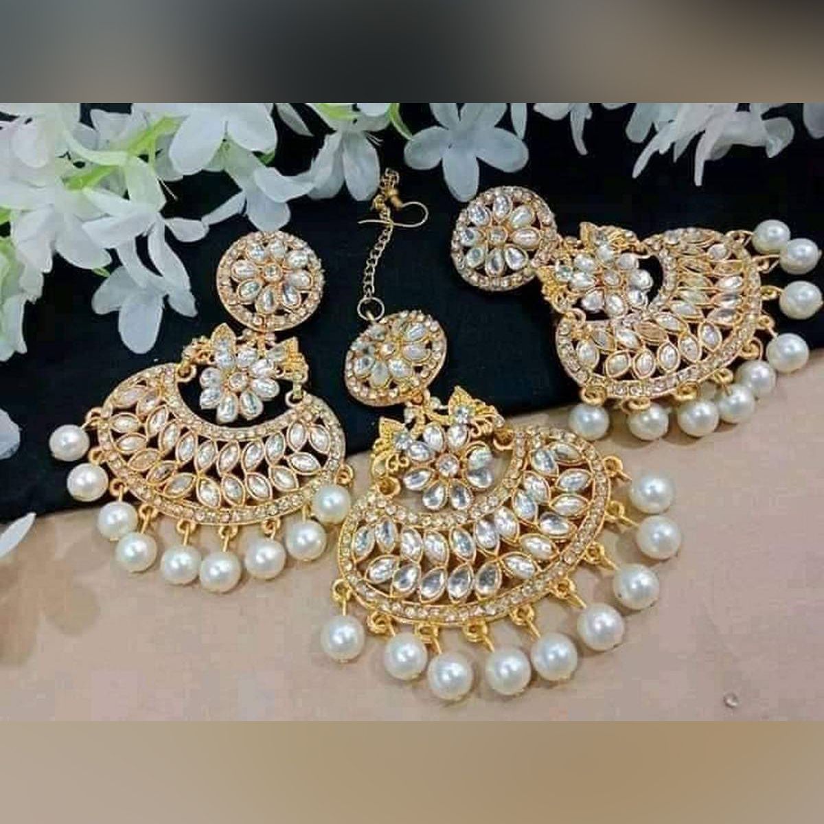 New Collection Stone Pearl setting Tikli & Earring Set for Women - Ear Ring - কানের দুল - Earrings For Girls