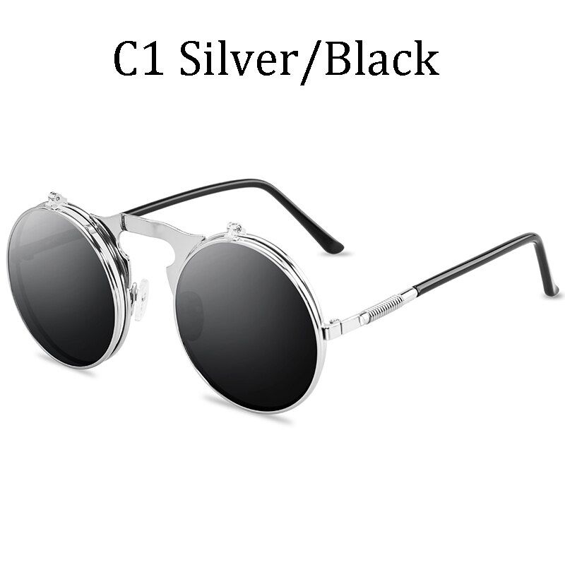 3057 C1Fashion Men Round Steampunk Sunglasses Brand Driving Designer Alloy frame women male Flip Sun Glasses Oculos De Sol UV400 3057