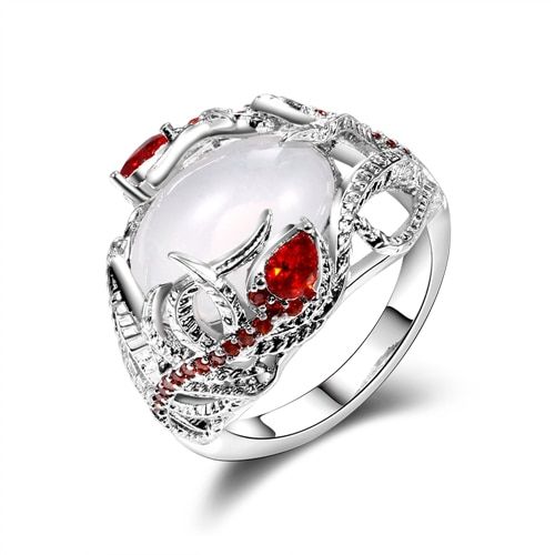 Fashion Creative Moonstone Feather Bezel Settiing Rings For Women Vintage Red Ruby Engagement Wedding Ring