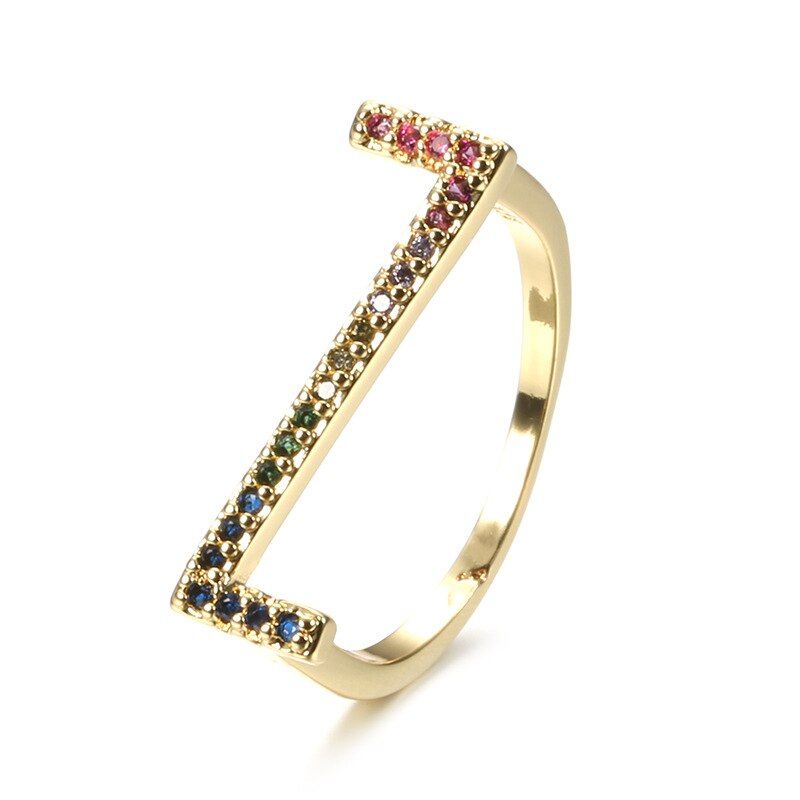 2020 Fashion Wholesale S925 Sterling Silver 18K Gold Plated Colorful Zircon Rainbow A-Z 26 Alphabet Letter Rings For Women