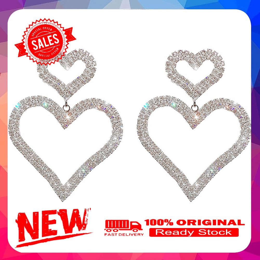 Luxury Full Rhinestone Hollow Dual Love Heart Women Stud Earrings Jewelry Gift