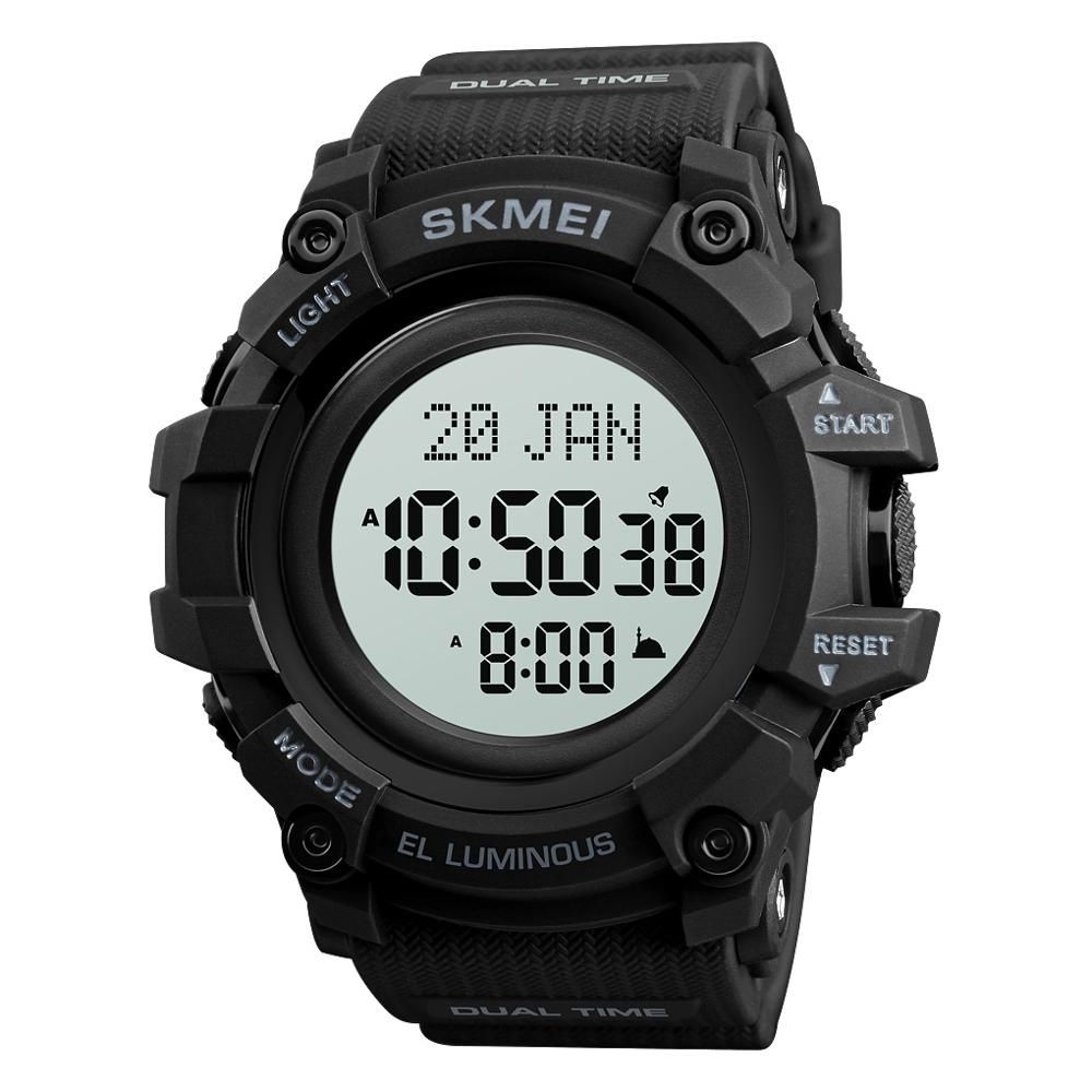SKMEI Muslim LED Watch Qibla Time Reminder Nmane Display Qibla Compass Relibious Month/Day Wristwatch for Islamic Ramadan Gift
