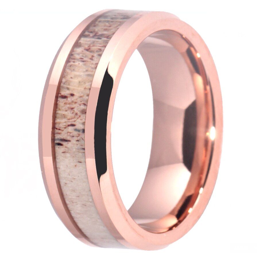 8mm Rose Golden Tungsten Carbide Wedding Band Ring Deer Antler Inlay Design Comfort Fit Free Engraving Drop Shipping Rings