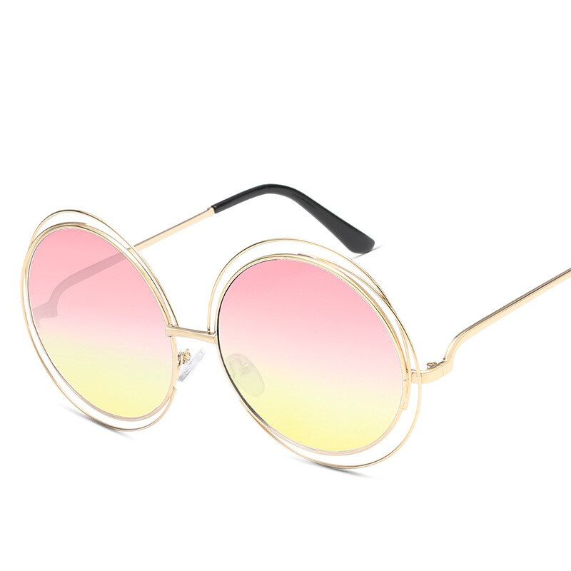Pink yellowVintage Round Big Oversized lens Mirror Brand Designer Pink Sunglasses Lady Cool Retro UV400 Women Sun Glasses Female KQW123