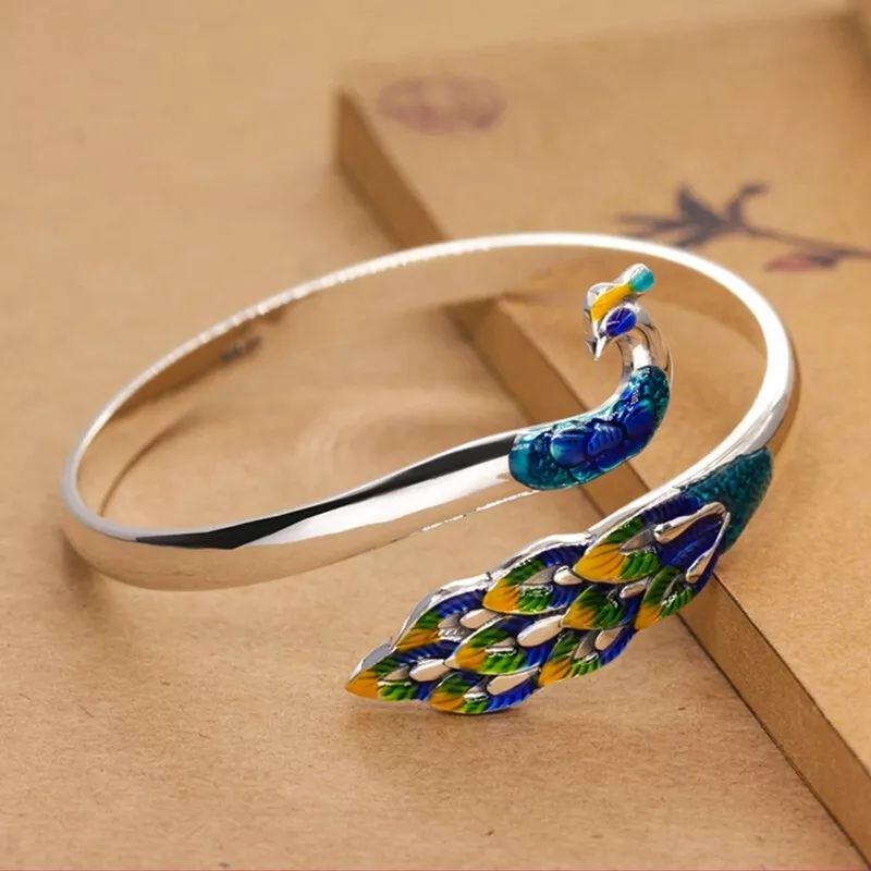 Blue Peacock Enamel  Colorful  Open Cuff Bracelets For Women