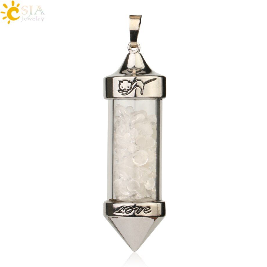 CSJA Wishing Bottle Pendants Necklaces Natural Stone Gravel Bullet Shaped Pendant Romantic Love Anniversary Gift for Female G184
