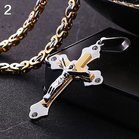 Men Titanium Steel Jesus Link Byzantine Chain Catholic Crosses Pendant Necklace