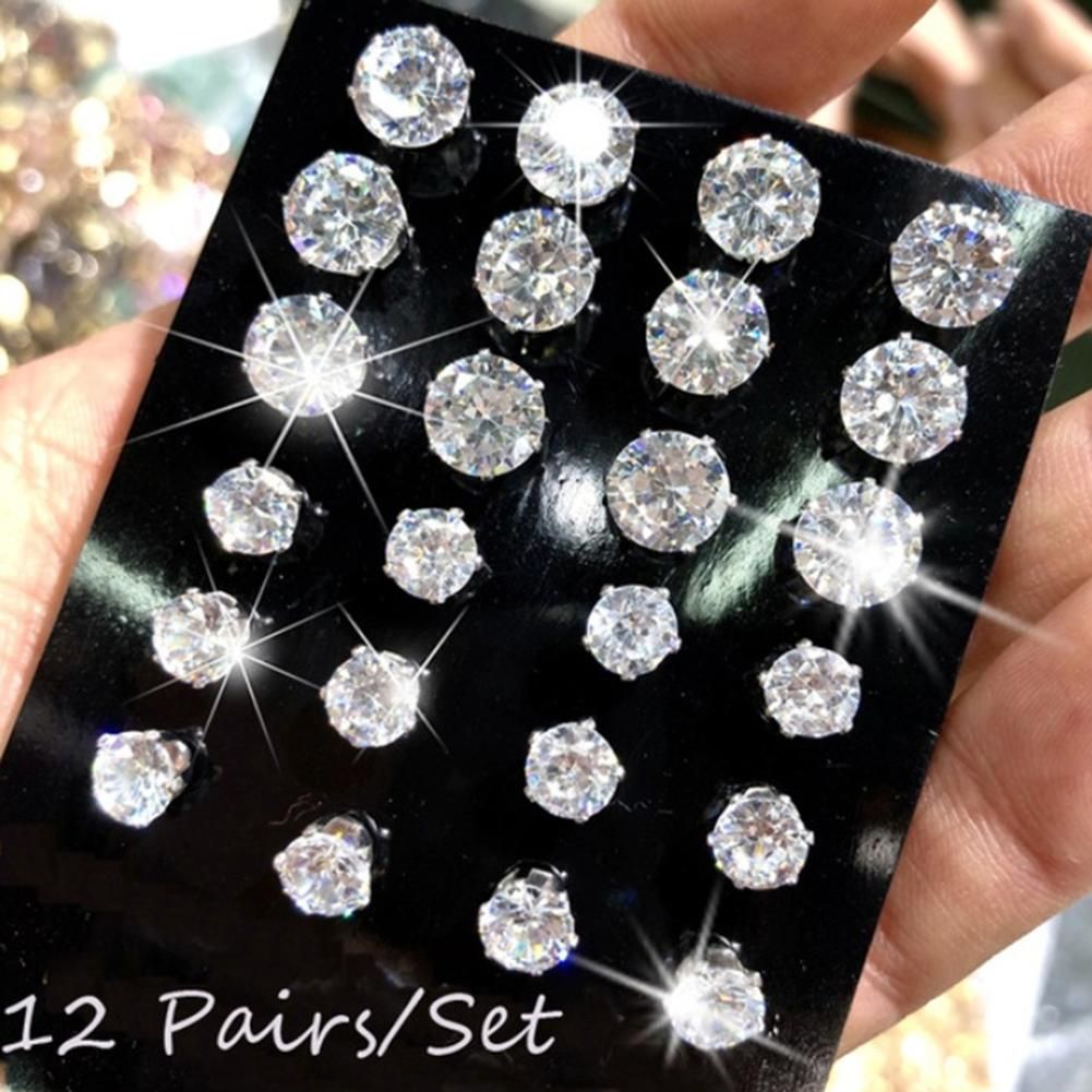 12 Pairs Simple Exquisite Elegant Ear Stud Alloy Round Zircon Earring Sets Women Jewelry Gift