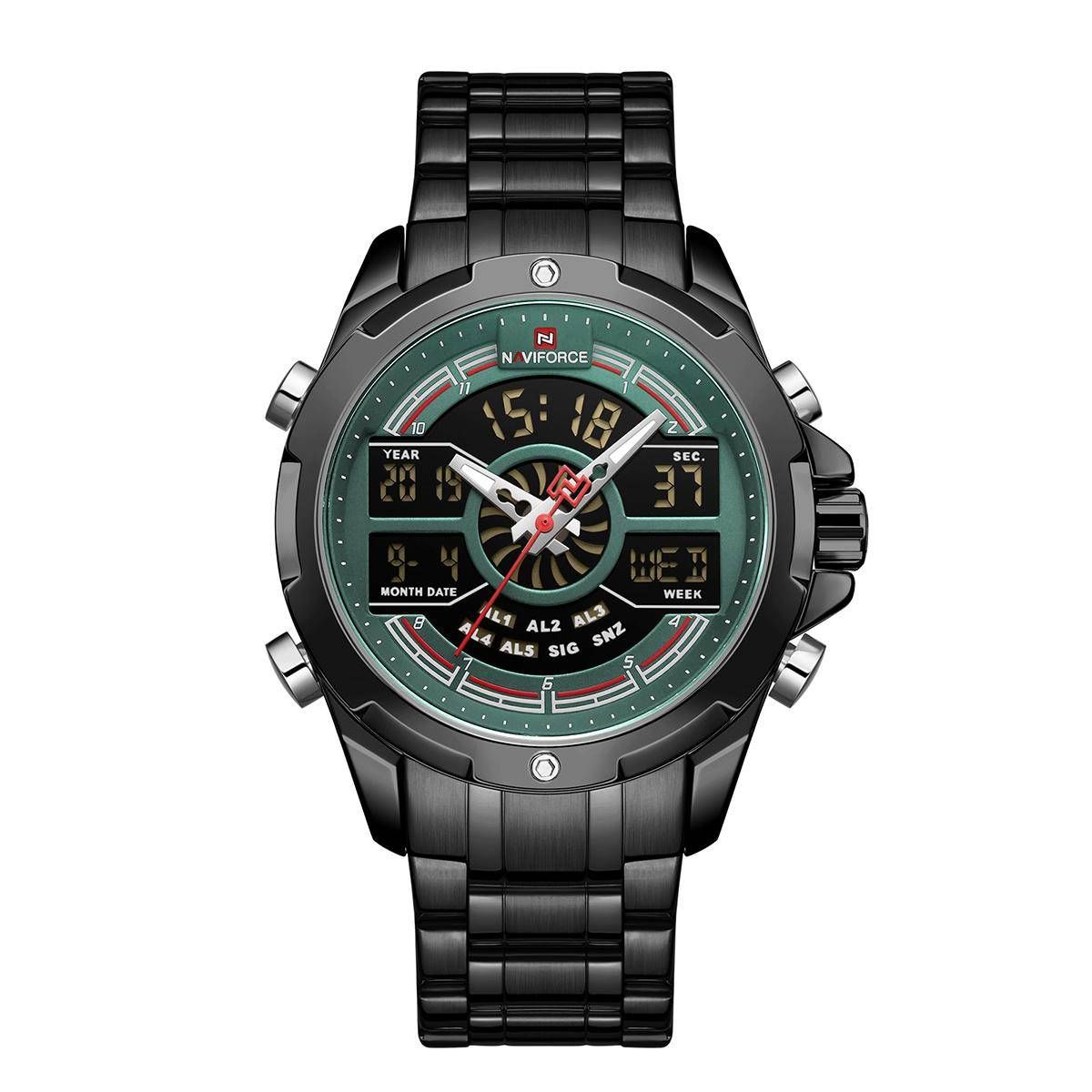 NAVIFORCE NF9170 Black Stainless Steel Dual Time Wrist Watch For Men - Green and Black