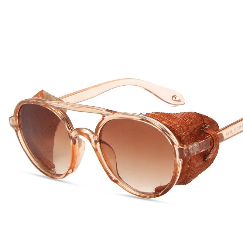 Round Steampunk Sunglasses Men Classic  Designer Vintage Punk Rivet Wrap Glasses Retro Leather Sunglasses For Male Oculos-Tea-with pouch and cloth