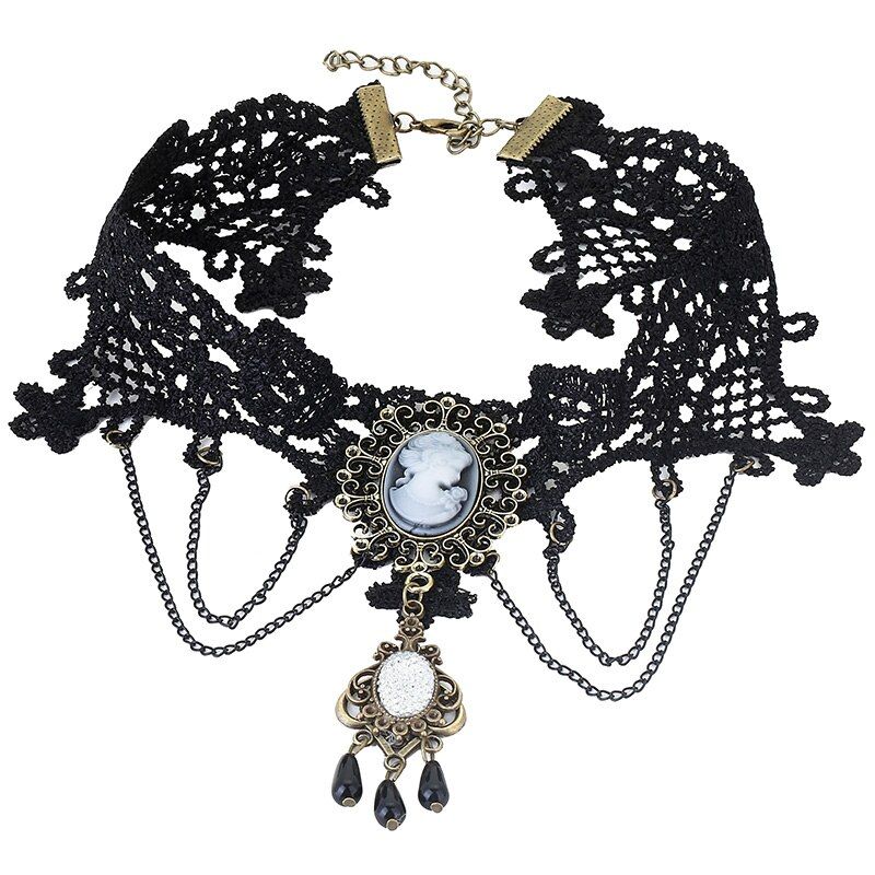 JOUVAL Gothic Chokers Black Stone Sexy Lace Neck Choker Necklace Vintage Victorian Women Chocker Steampunk Halloween Jewelry