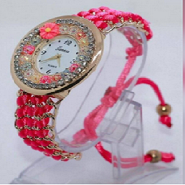 FB Knit Rope With Winding Rhinestone Dial Bracelet Watch For Girls Pink - Women Watch