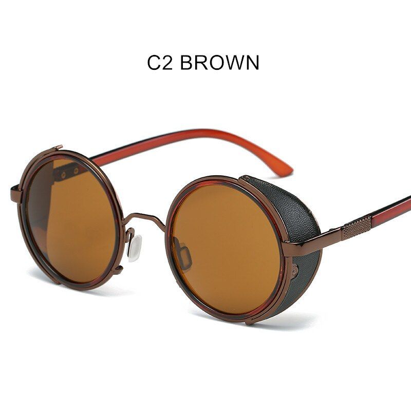 C2 Brownas pictureWomen Men Steampunk Sunglasses Retro Windproof Punk Sun Glasses Vintage Sunglass Design Eyewear Metal Round for Men