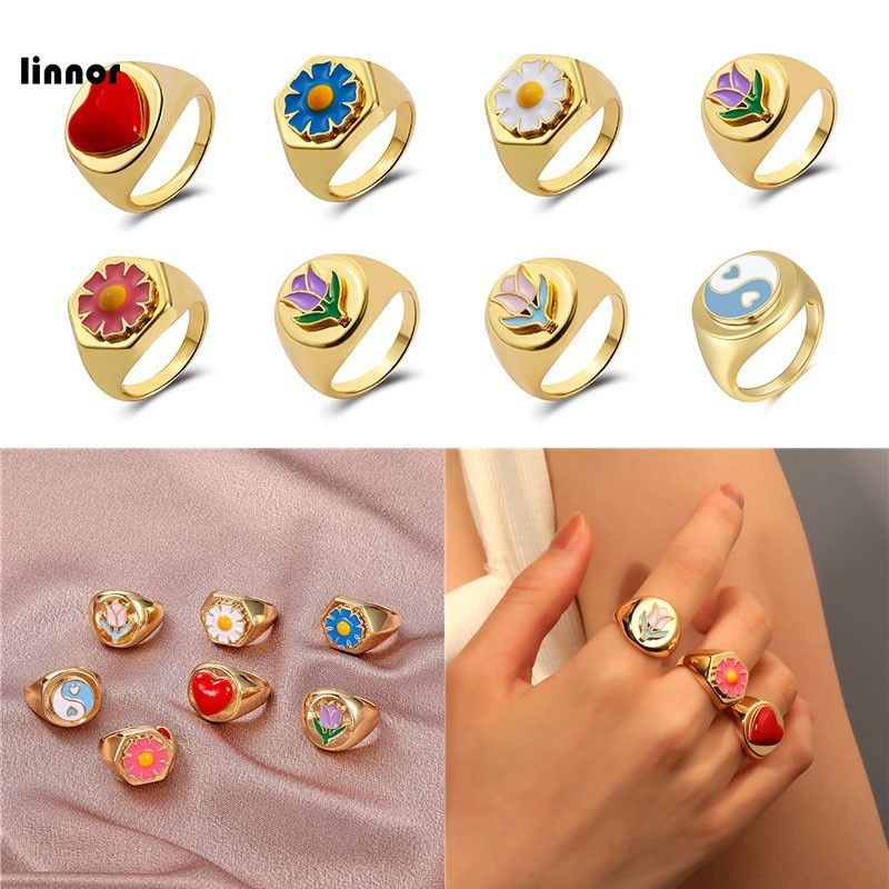 Metal Vintage Ring Accessories Elegant Women Flower Enamel Rings Ins Girl New