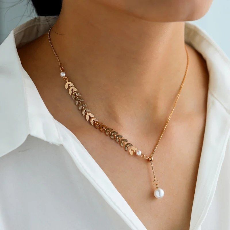 Women Simple Clavicle Necklace with Pearl Pendant Chain Jewelry