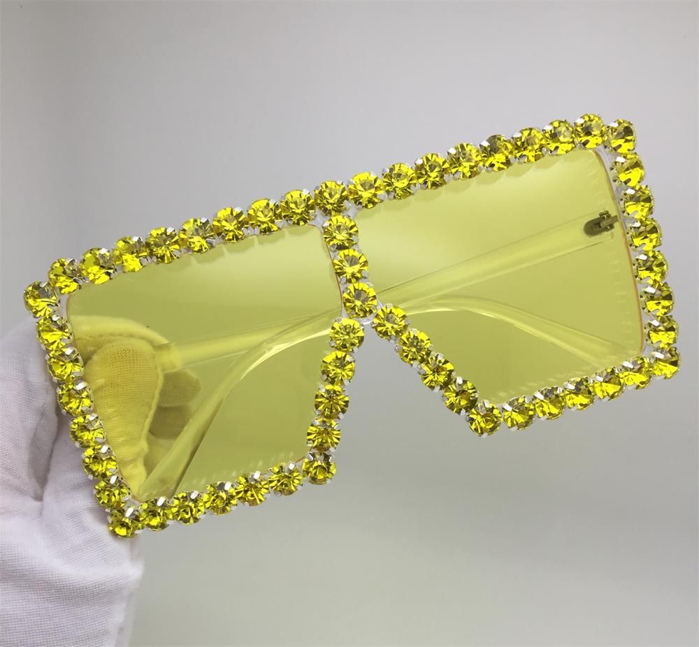 yellow yellowOversized Square Sunglasses Women Fashion Yellow Blue Red Crystal Rhinestone Sun Glasses Female Flat Top Eyewear Big Shades UV