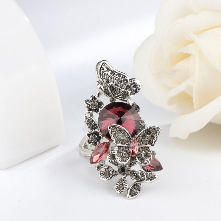 Kinel Vintage Crystal Butterfly Rings For Women Fashion Antique Silver Color Wedding Jewelry Blue Stone Big Ring Party Gift