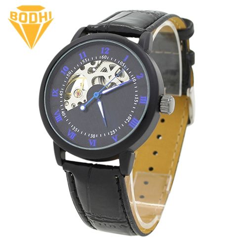 BODHI Men's Mechanical Hollow Dial Faux Leather Band Arabic Numerals Wrist Watch