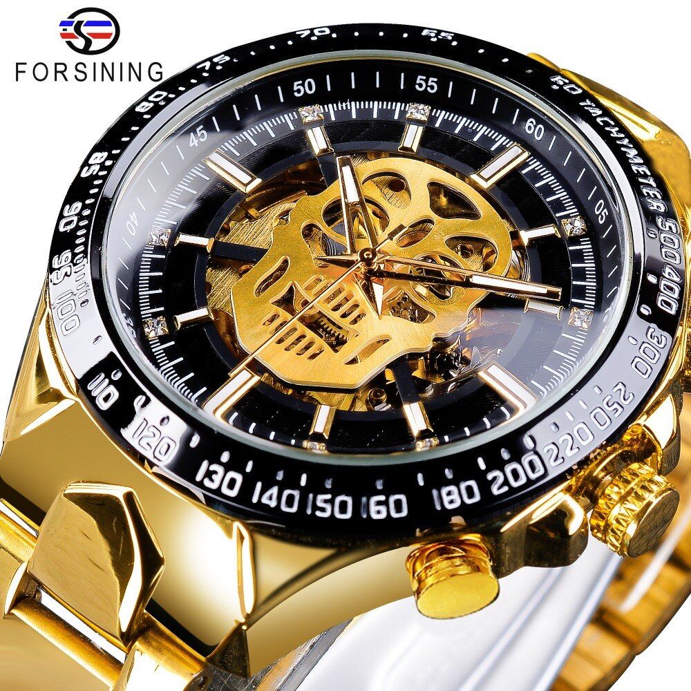 【BestGO】Forsining Fashion Black Golden Watches Steampunk Skull Design Men's Automatic Watches Top Brand Luxury Luminous Hands Male Clock