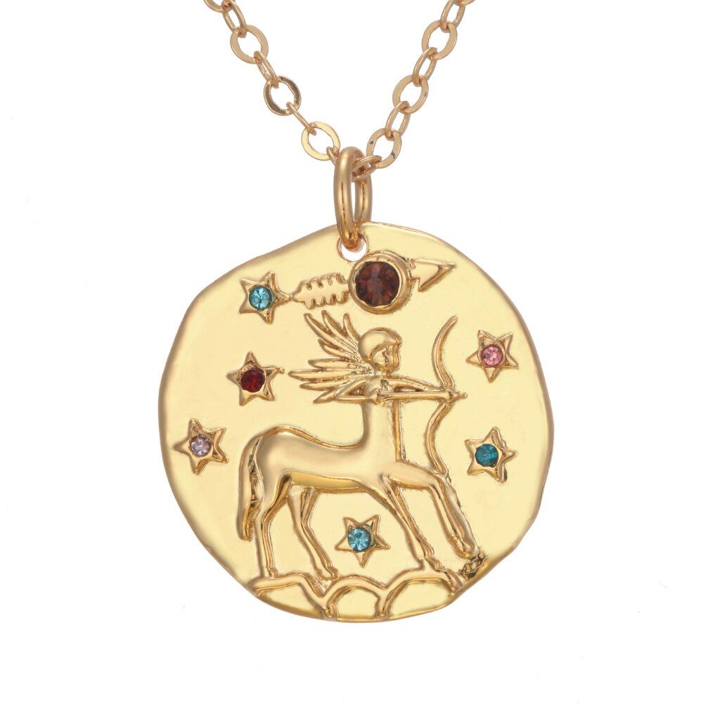 18K Golden Plated Bronze Constellation Zodiac Coin Pendant Necklace Celestial Jewelry