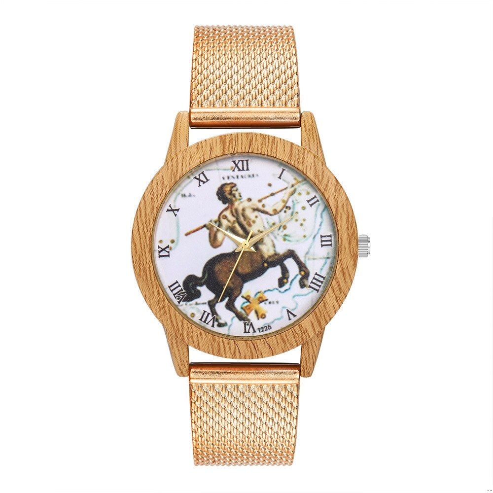 Fashion Children Quartz Watch Golden Silicone Strap Cartoon Constellation Pattern Imitation Wood Alloy Dial Kids Watches Ladies