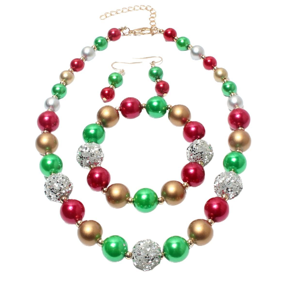 Christmas Simulated Pearl Necklace Eye-catching Heavy Duty Festive Holiday Necklace Chain Bracelet Combo for Girl