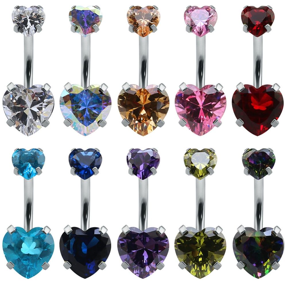 Sexy Double Heart-shaped Crystal Zircon Navel Belly Ring Bar Surgical Steel Rhinestone Body Piercing Jewelry