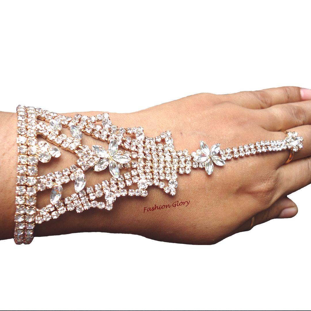 Fashionable Bracelet With Finger Ring Blue Hand Harness Bangle Arm Chain Wedding Bridal Jewelry for Women.