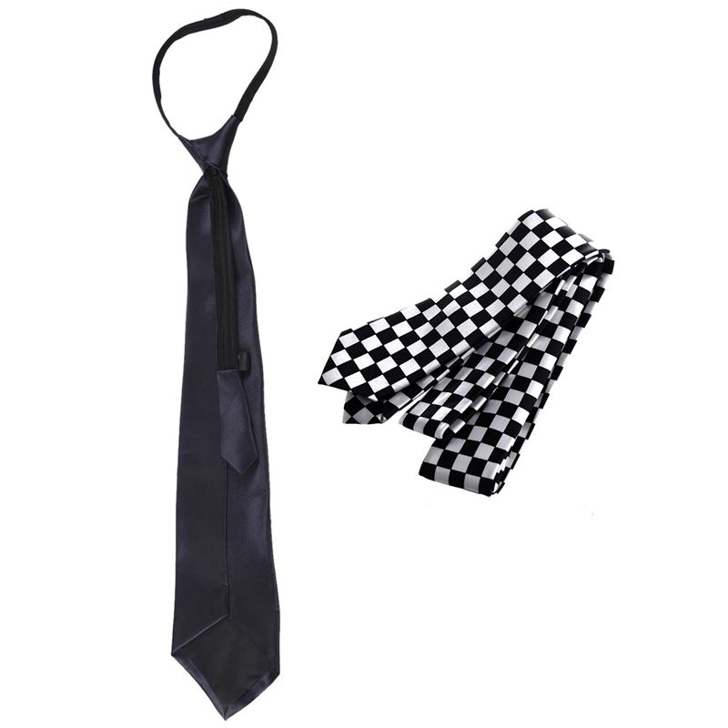 2Pcs Mens Polyester Necktie Necktie, Black White Plaid & Dark Blue