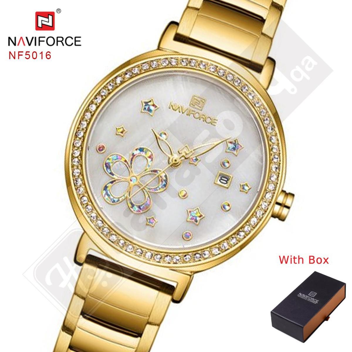 NAVIFORCE NF5016 Top Luxury Brand Gold Women Watch Quartz Lady Waterproof Wristwatch Stainless Steel Calendar Fashion Watch- Golden