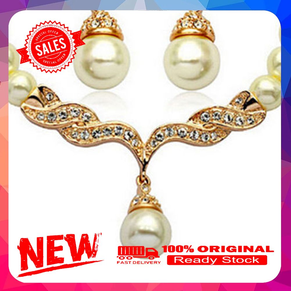 Bridal Women Necklace Faux Pearl Rhinestone Charms Wedding Earrings Jewelry Set