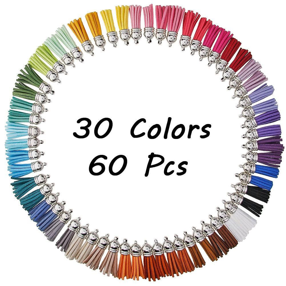 60 Pieces 30 Colors 40 mm Leather Tassel Pendants Faux Suede Tassel with Caps for Key Chain Straps DIY Accessories