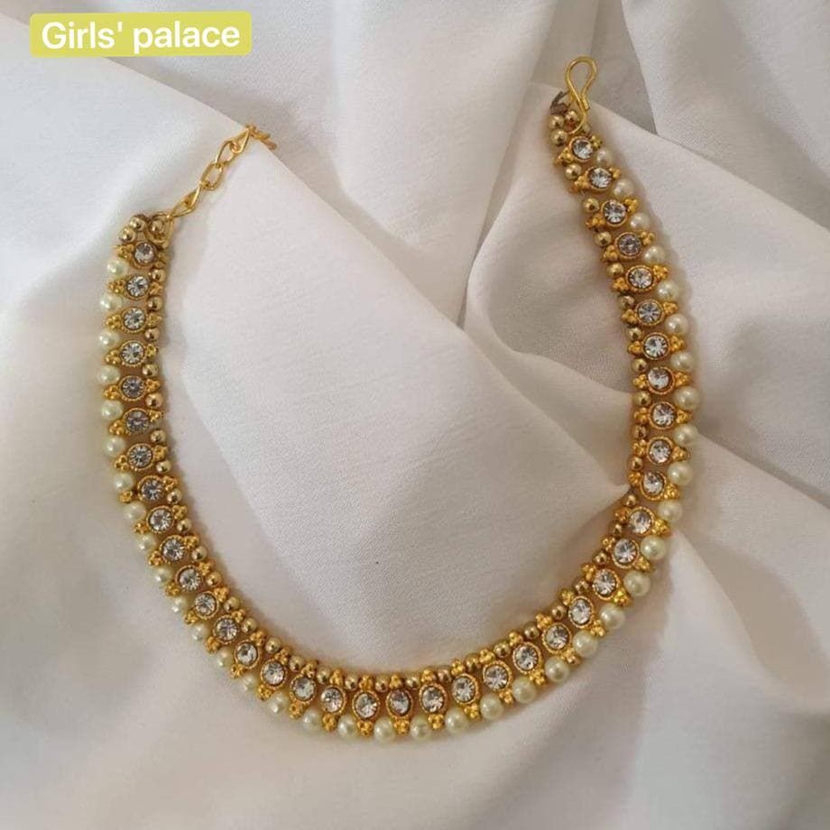 New Stone Setting with White Bead Golden Metal-Anklet (Payel 1 pices ) for Women multicolour