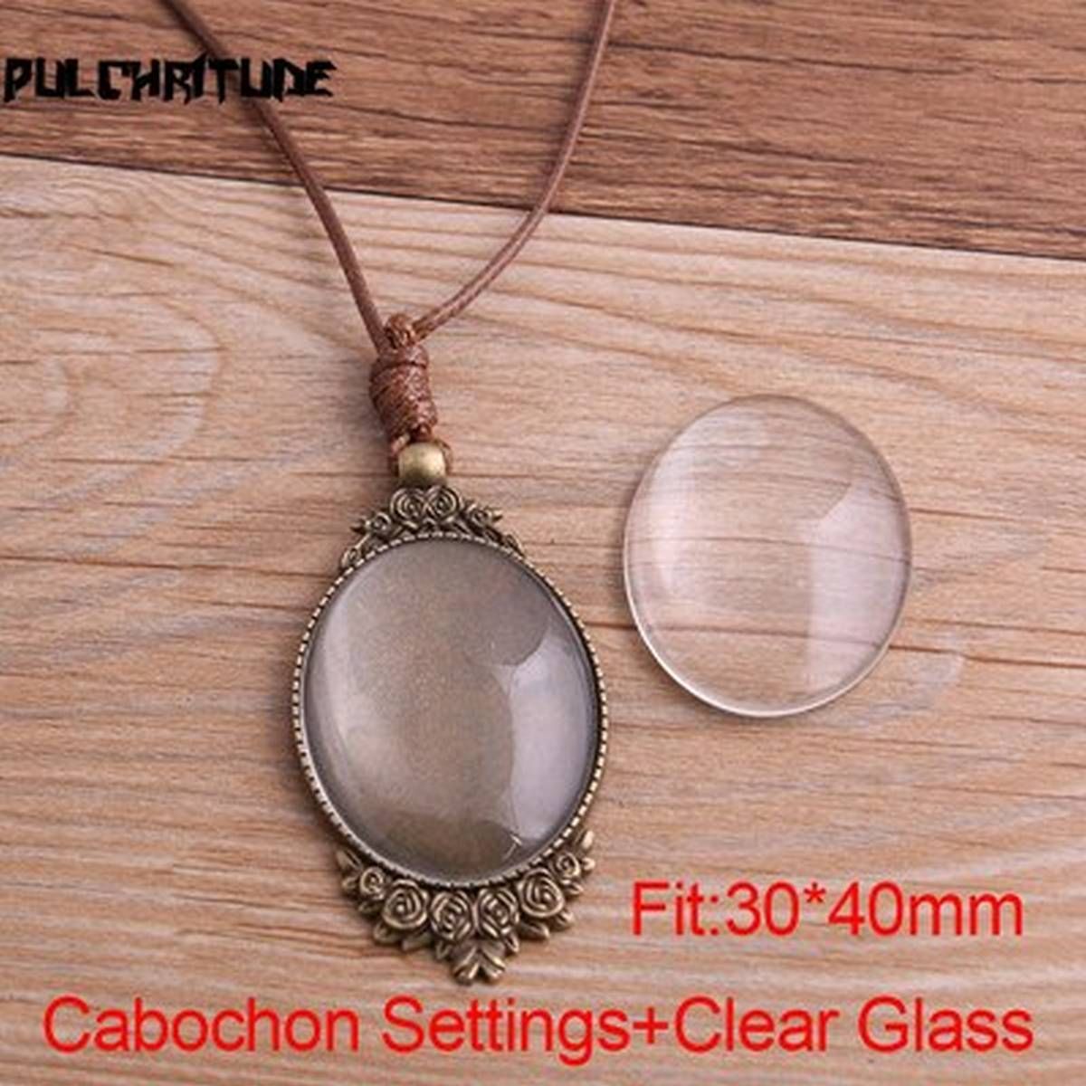 2pcs Zinc Alloy Two Color 30*40mm Oval Rose Cabochon Settings Blank Cameo Pendant Base Tray With Leather Cord For Jewelry Making