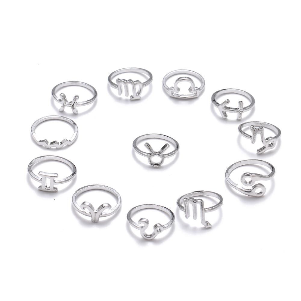 Fashion  Metal 12 Constellation Zodiac Sign Finger Rings Set For Women Men Vintage Boho Gold Silver Color Knuckle Ring Jewelr