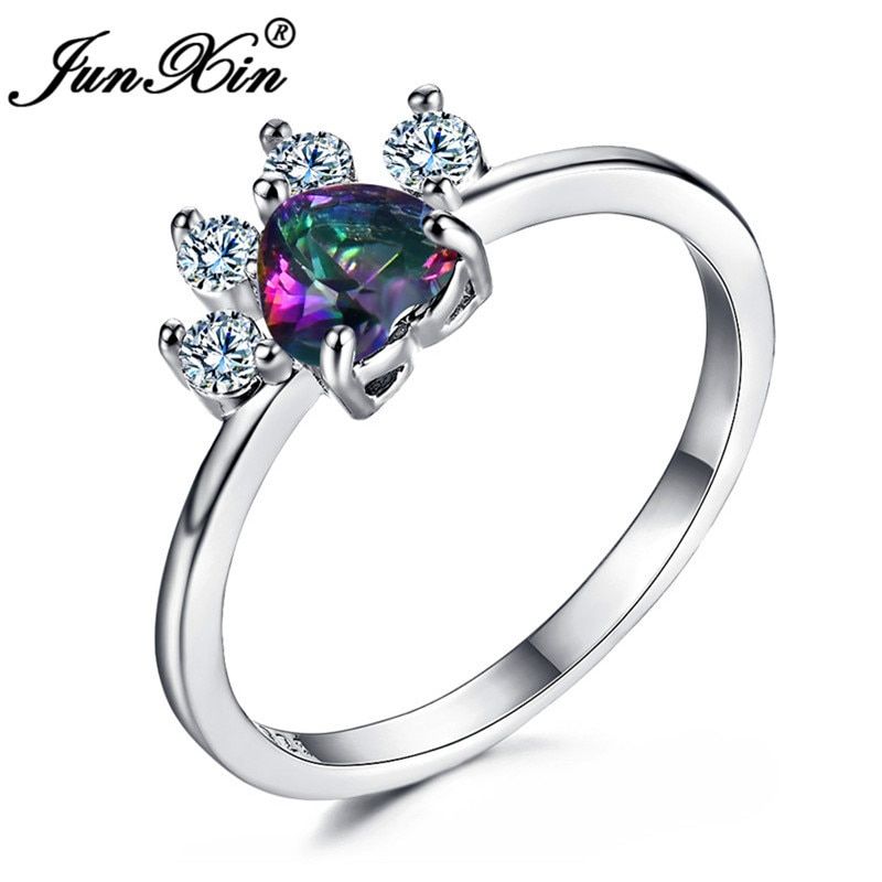 JUNXIN Animal Bear Cat Dog Paw Rainbow Fire Opal Rings For Women Silver Color Zircon Heart Claws Birthstone Ring