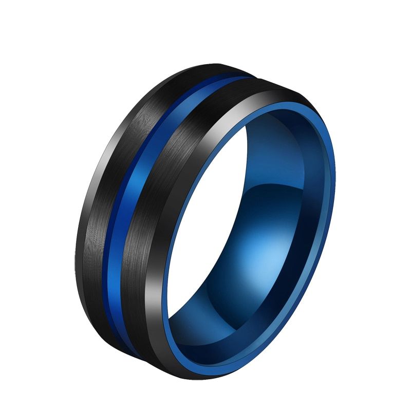 Atoztide Unisex 8MM Black Blue Groove Ring For Men Women Simple Stainless Steel Line Wedding Band Midi Ring