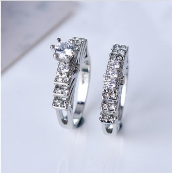 2Pcs AAAA Cubic Zirconia 925 Sterling Silver Couple Rings Set