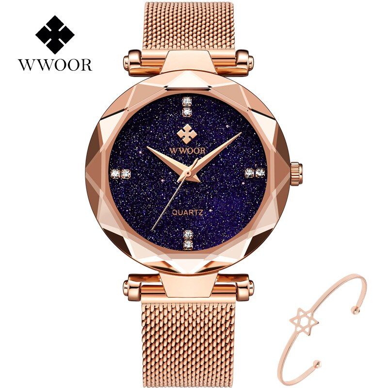 WWOOR 2021 Luxury Gold Watch Women Top Brand Fashion Diamond Starry Sky Ladies Watch Elegant Dress Bracelet Watch Girl Clock