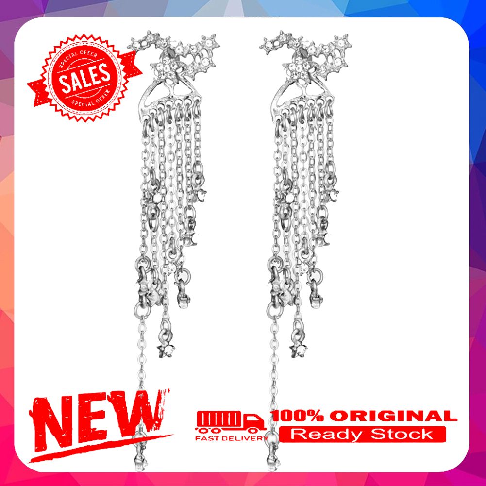 Women Bling Rhinestone Inlaid Star Long Tassel Drop Dangle Ear Jacket Earrings