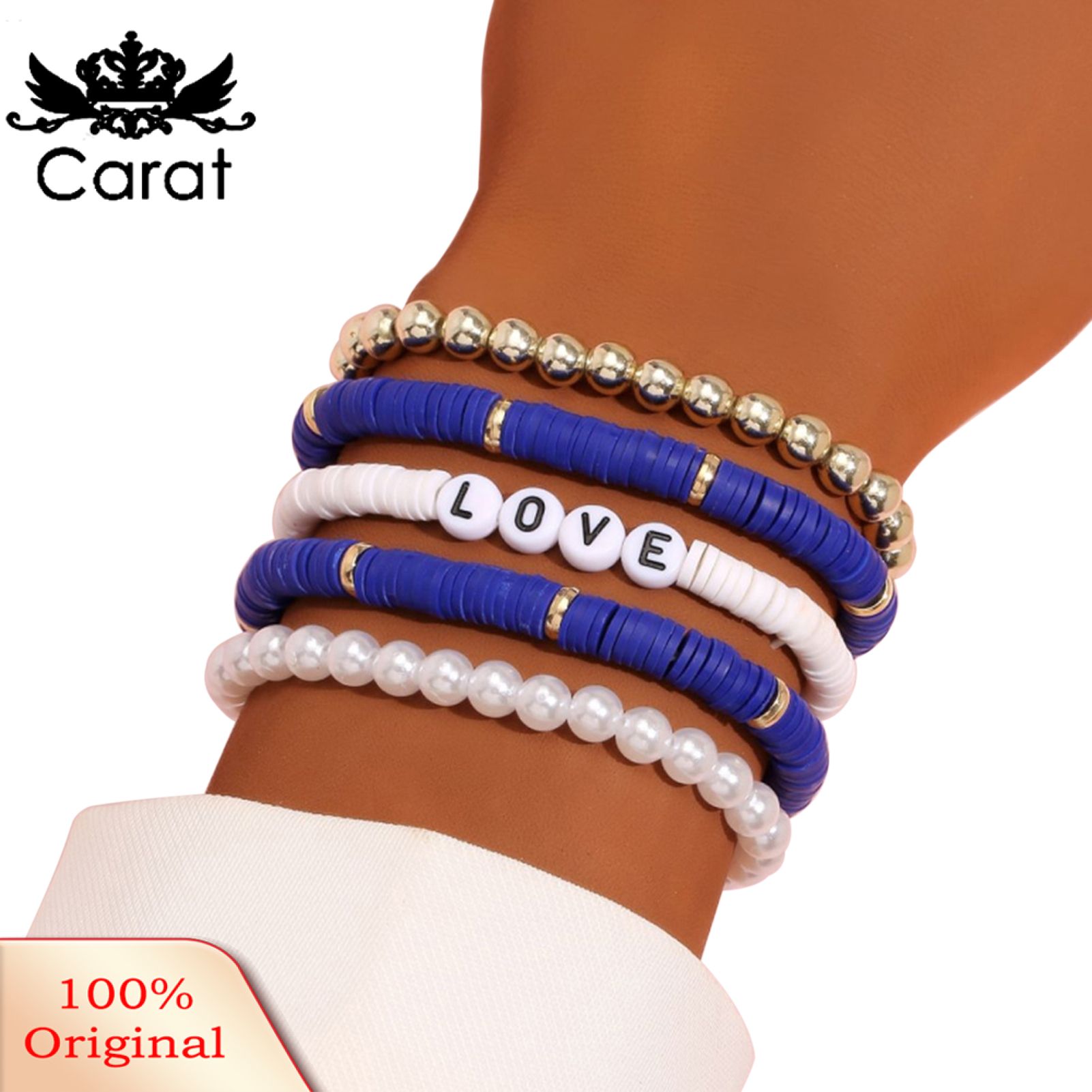 5Pcs Unisex Bracelets Colorful Bohemian Polymer Clay Love Letters Faux Pearls Bracelets for Party