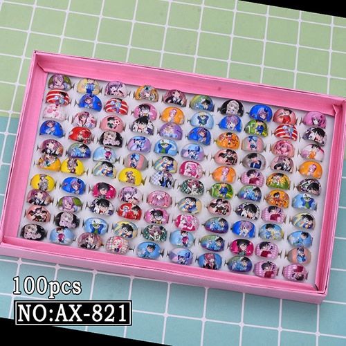 Wholesale 100pcs Mixed Lot Cartoon Flower Assorted Cake Resin Plastic Pink Baby Kids Girl Children's Rings With Box Gift Jewelry