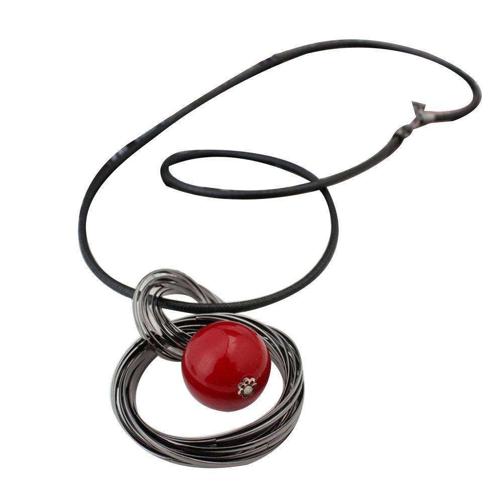 Fashion Circle Red Faux Pearl Pendant Long Chain Women Sweater Necklace Jewelry