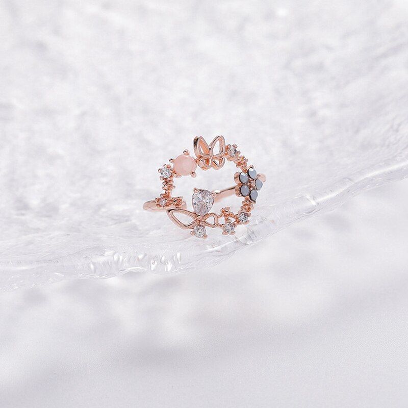 2020 Korean Delicate Zircon Crystal Leaf Shell Flower Heart Rings For Women Fashion Opening Finger Bague Ring Sweet Party Gifts