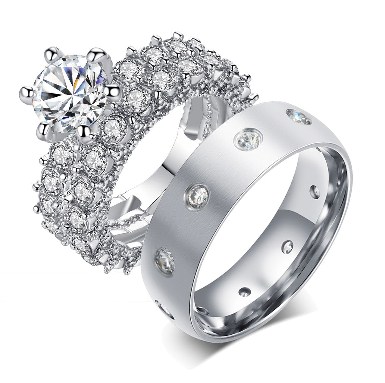 Stainless Steel Rings For Women Full Circle Crystal CZ Couple Rings Set Men Women Engagement Wedding Rings