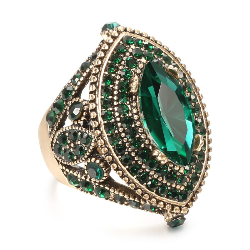 Kinel Luxury Antique Ring For Women Vintage Look AAA Green Crystal Boho Jewelry Gold Color Charm Ethnic Wedding Ring