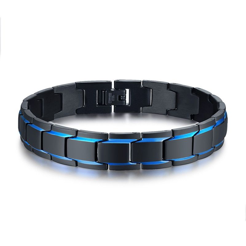 GENTLEMAN BLUE AND BLACK DUAL FINISH STAINLESS STEEL LINK BRACELET FOR MEN JEWELRY