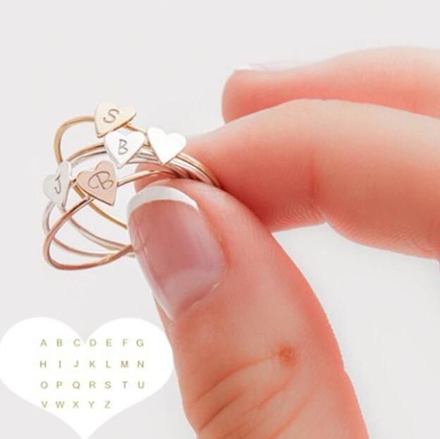 Personality delicate Couple rings 26 Letter A-Z Initial Ring Boho Engraved Letter Rings for Women Gold Color Heart Rings Size 8